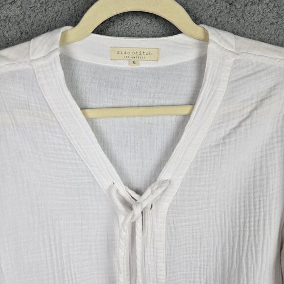 Side Stitch LA Cover Up Women M White Cotton Roll Tab Sleeves Lace Up V-Neck - Picture 3 of 12